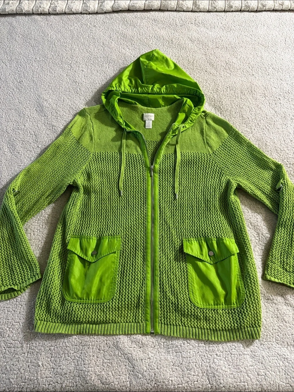 Chico's Zenergy Green Crochet Knit Hooded Zip Sweater Jacket Sz 3 (XL)